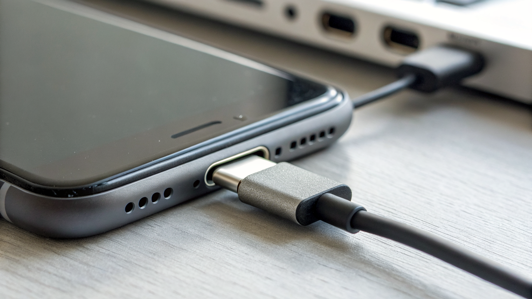 Крупный план USB-C порта смартфона и подключённого хаба