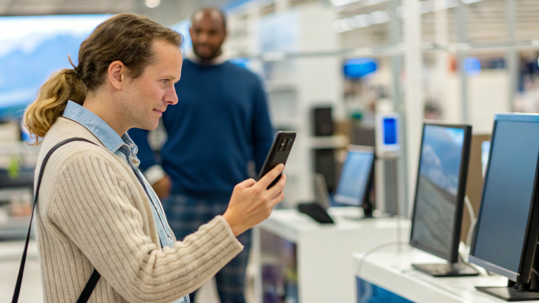 Покупатель проверяет работу смартфона с внешним монитором в магазине