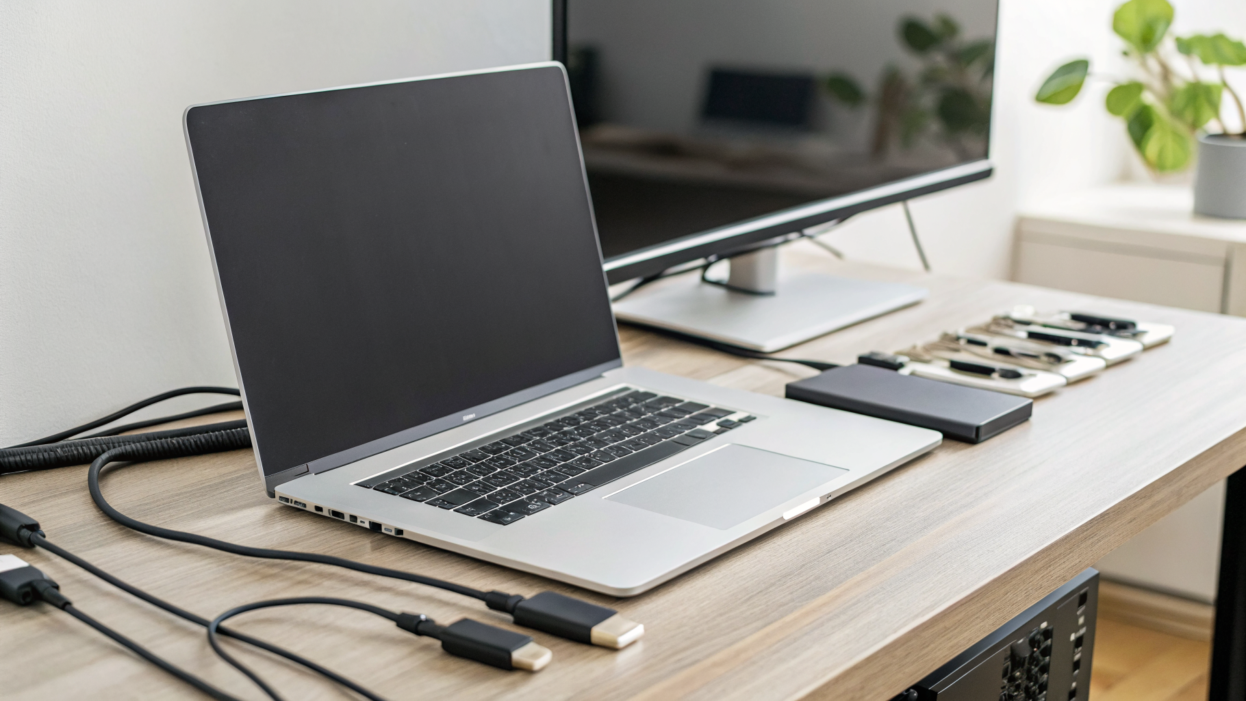 MacBook и внешний монитор на рабочем столе с переходниками