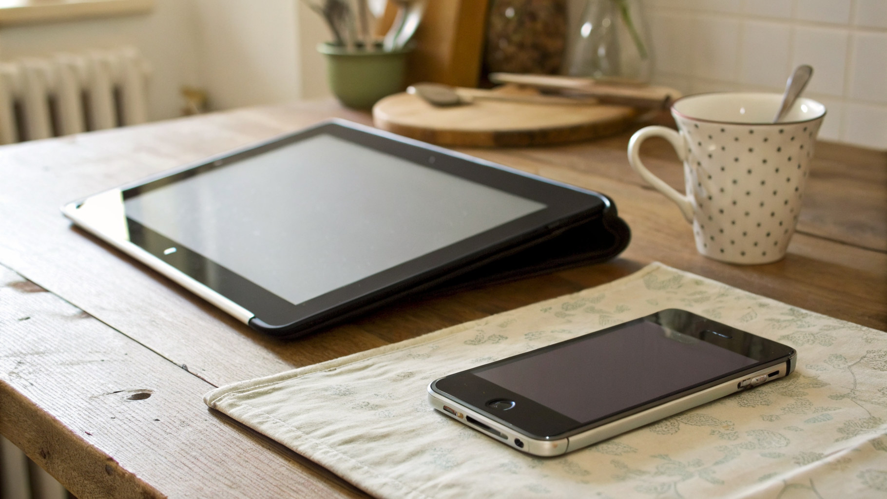 Планшет и смартфон Apple в домашнем использовании на кухне