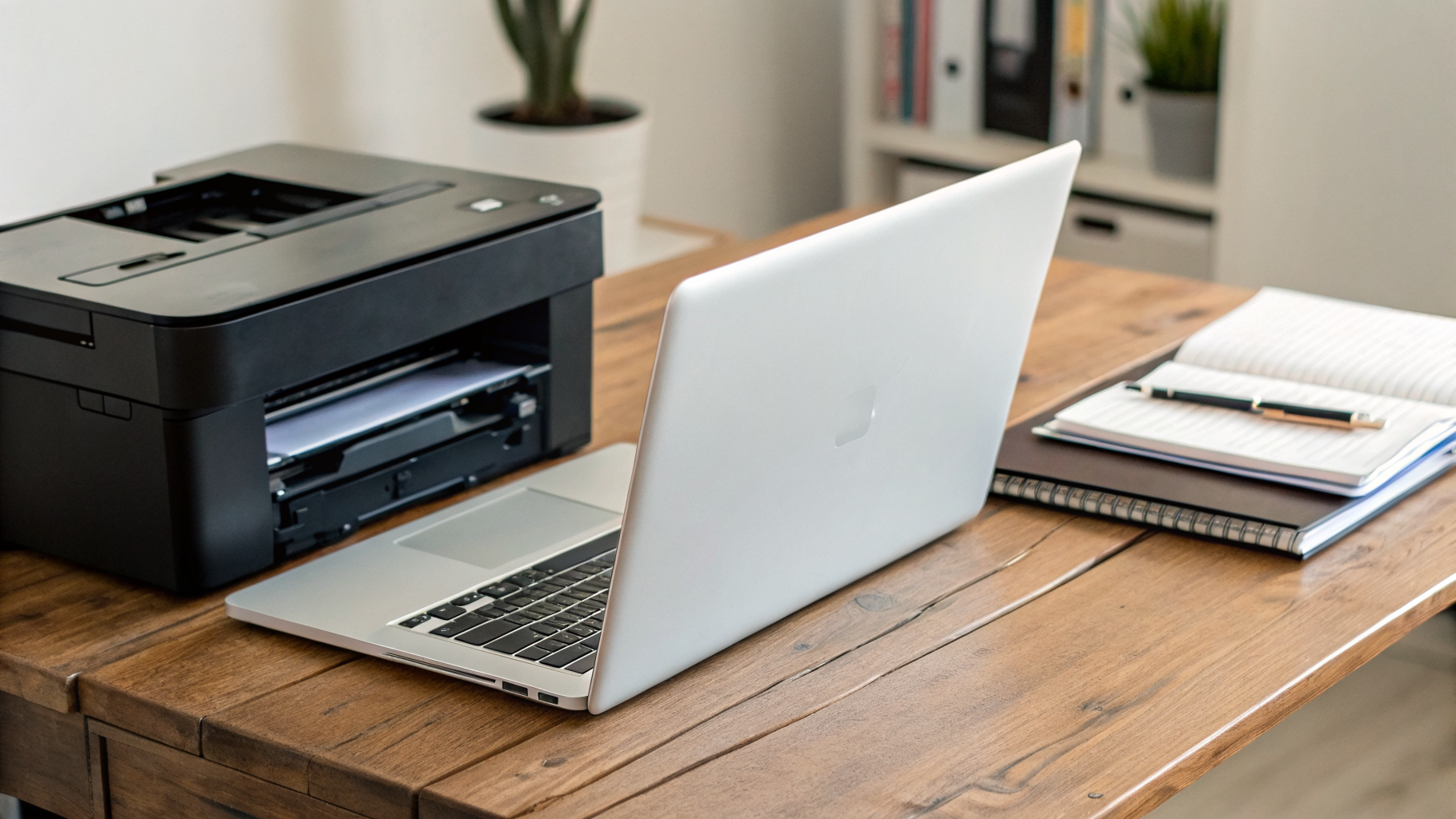 MacBook на рабочем месте рядом с офисным принтером