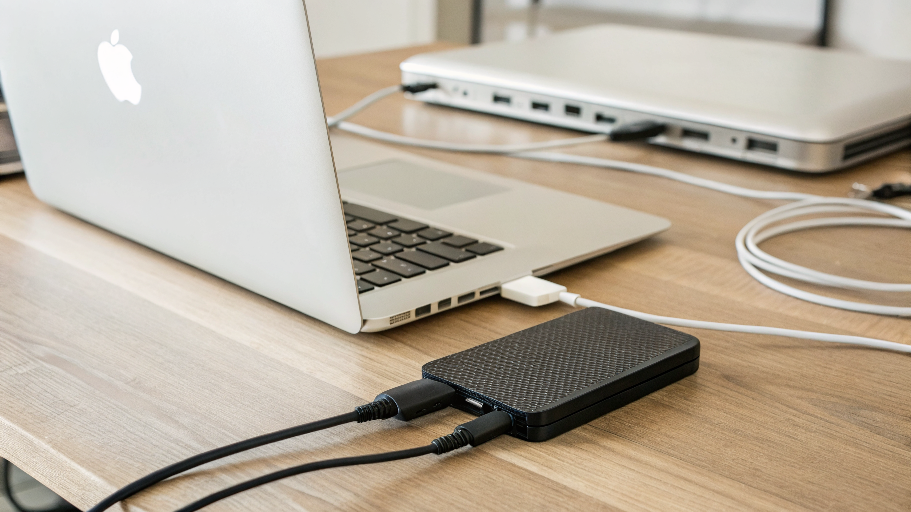 Внешний SSD, кабель и хаб рядом с MacBook для проверки совместимости и скорости