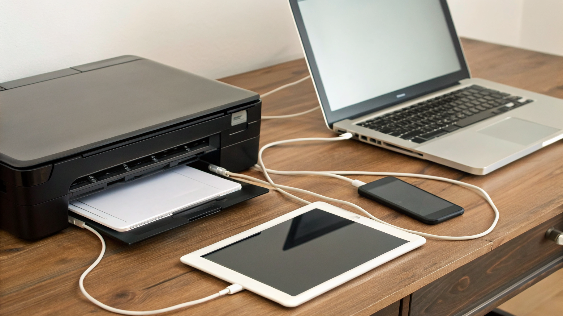 Домашний принтер, подключенный к ноутбуку, планшету и смартфону