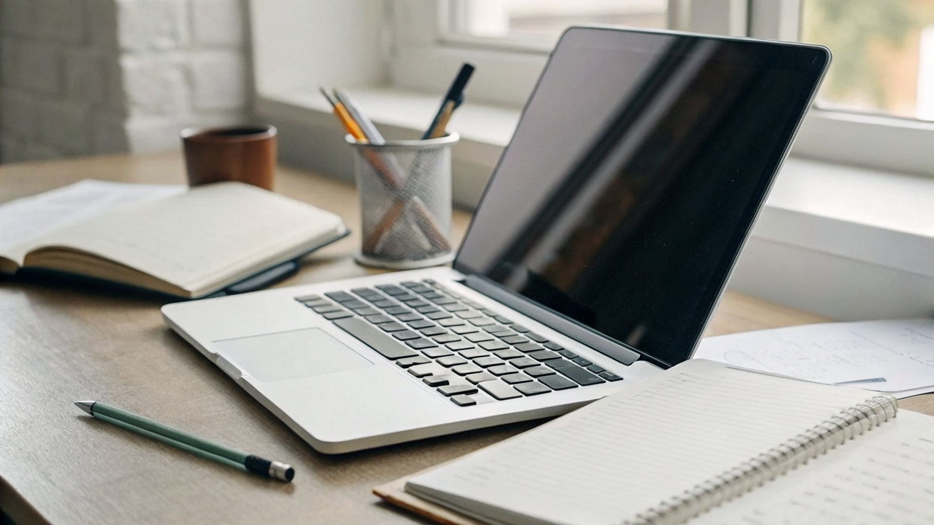 Ноутбук и учебные записи на столе студента во время подготовки к занятиям