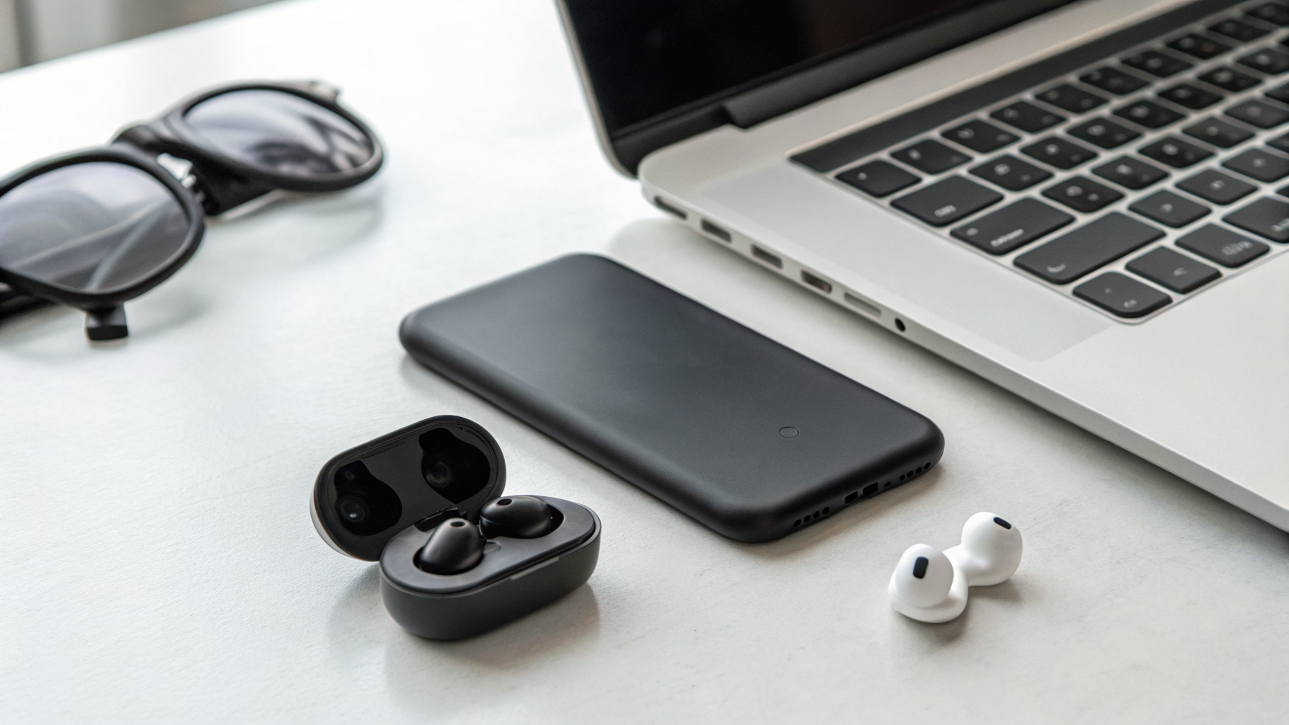 Беспроводные наушники рядом со смартфоном и ноутбуком для рабочих созвонов