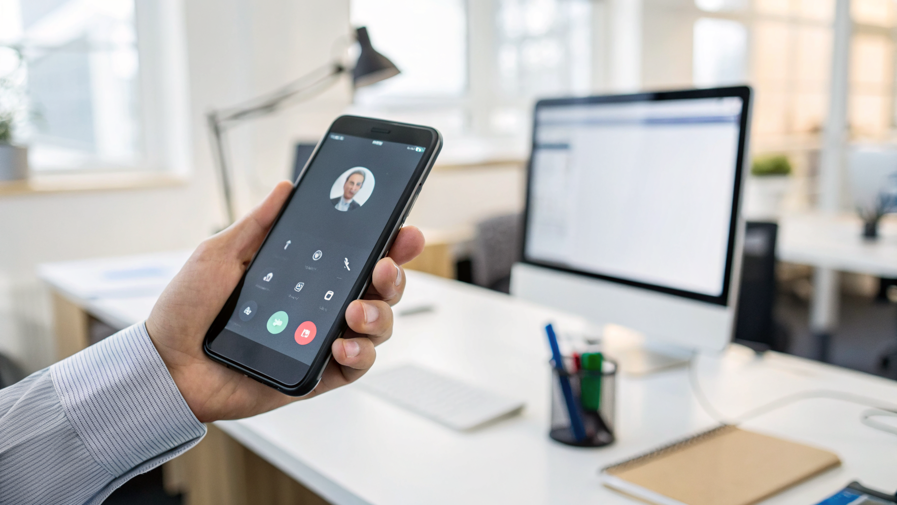 Экран смартфона во время рабочего звонка в офисной обстановке