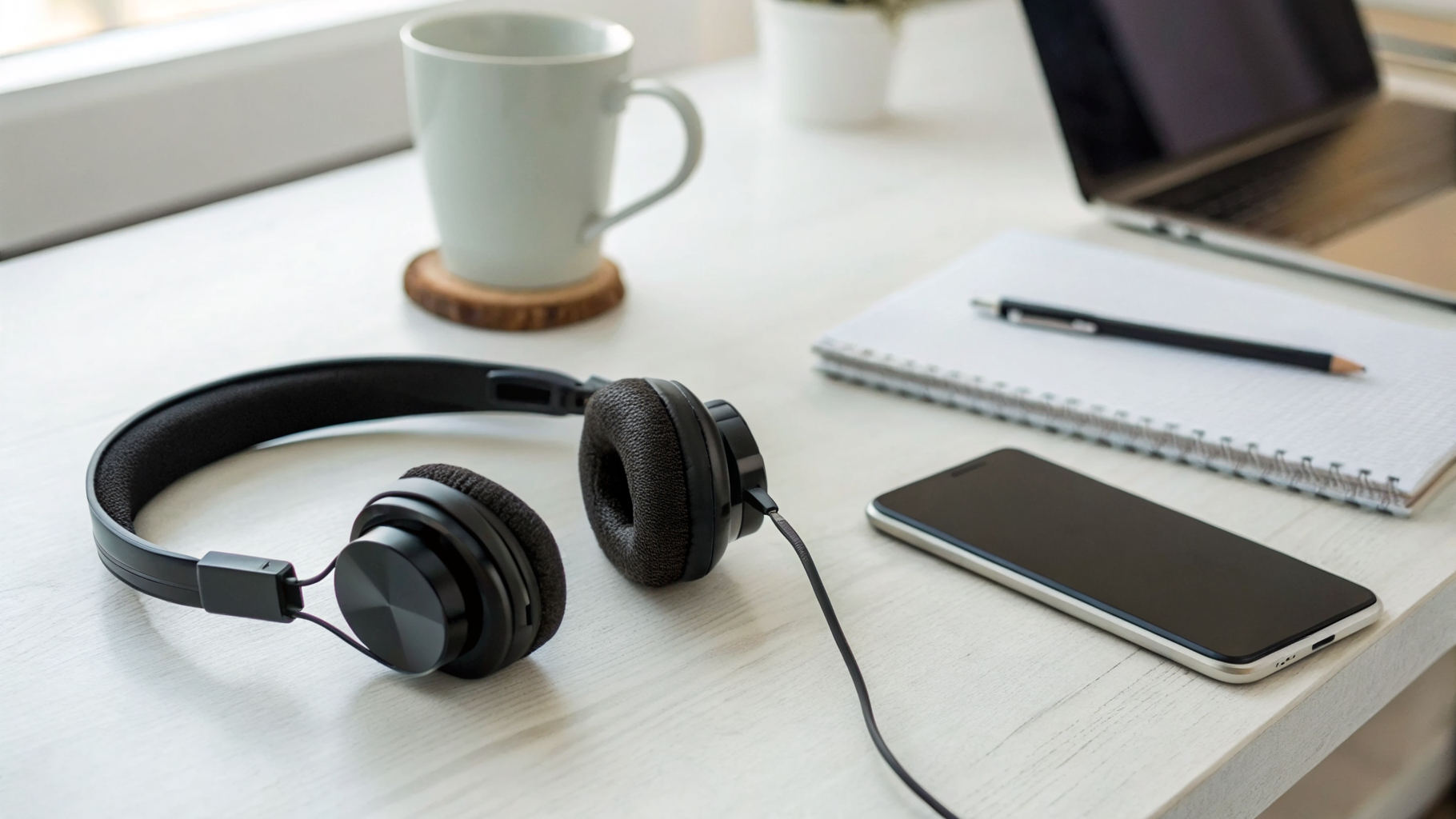 Беспроводная гарнитура и смартфон для рабочих звонков на столе
