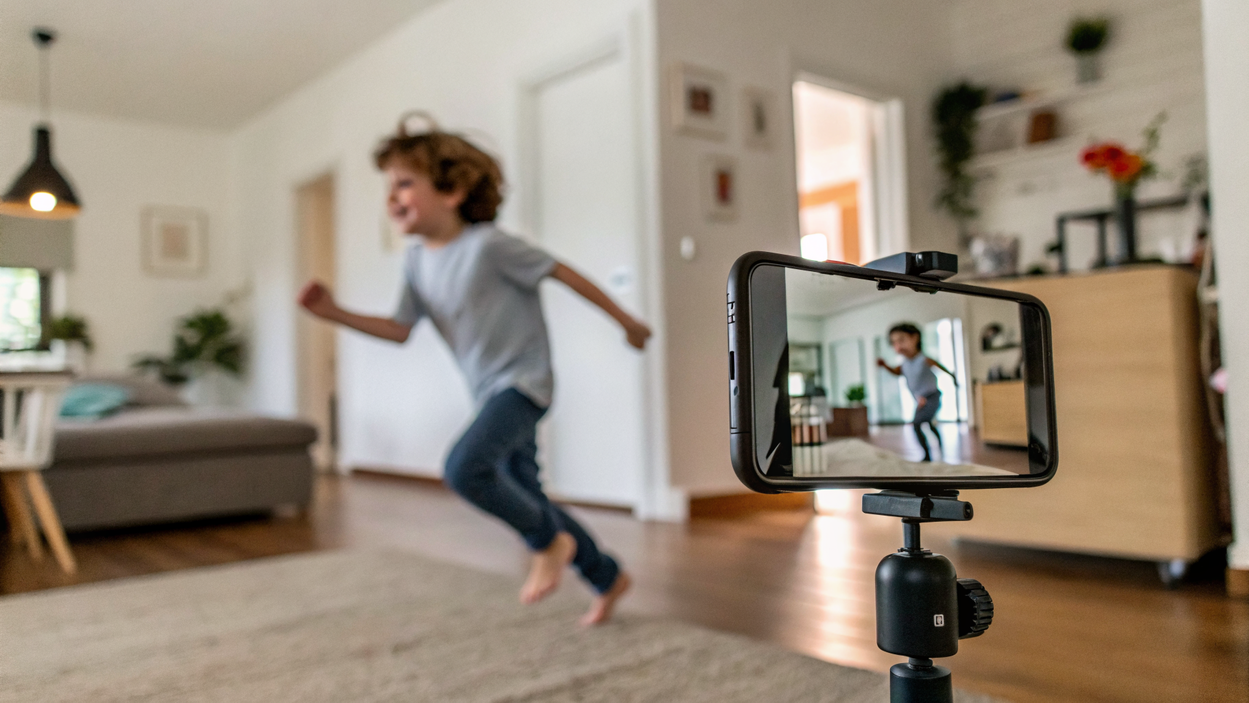 Быстрая съемка ребенка на смартфон в домашней обстановке
