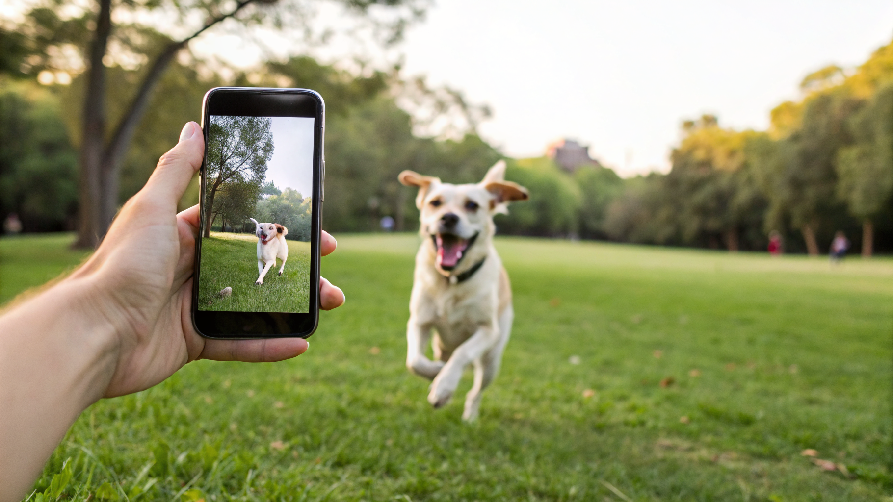 Съемка собаки на смартфон во время прогулки
