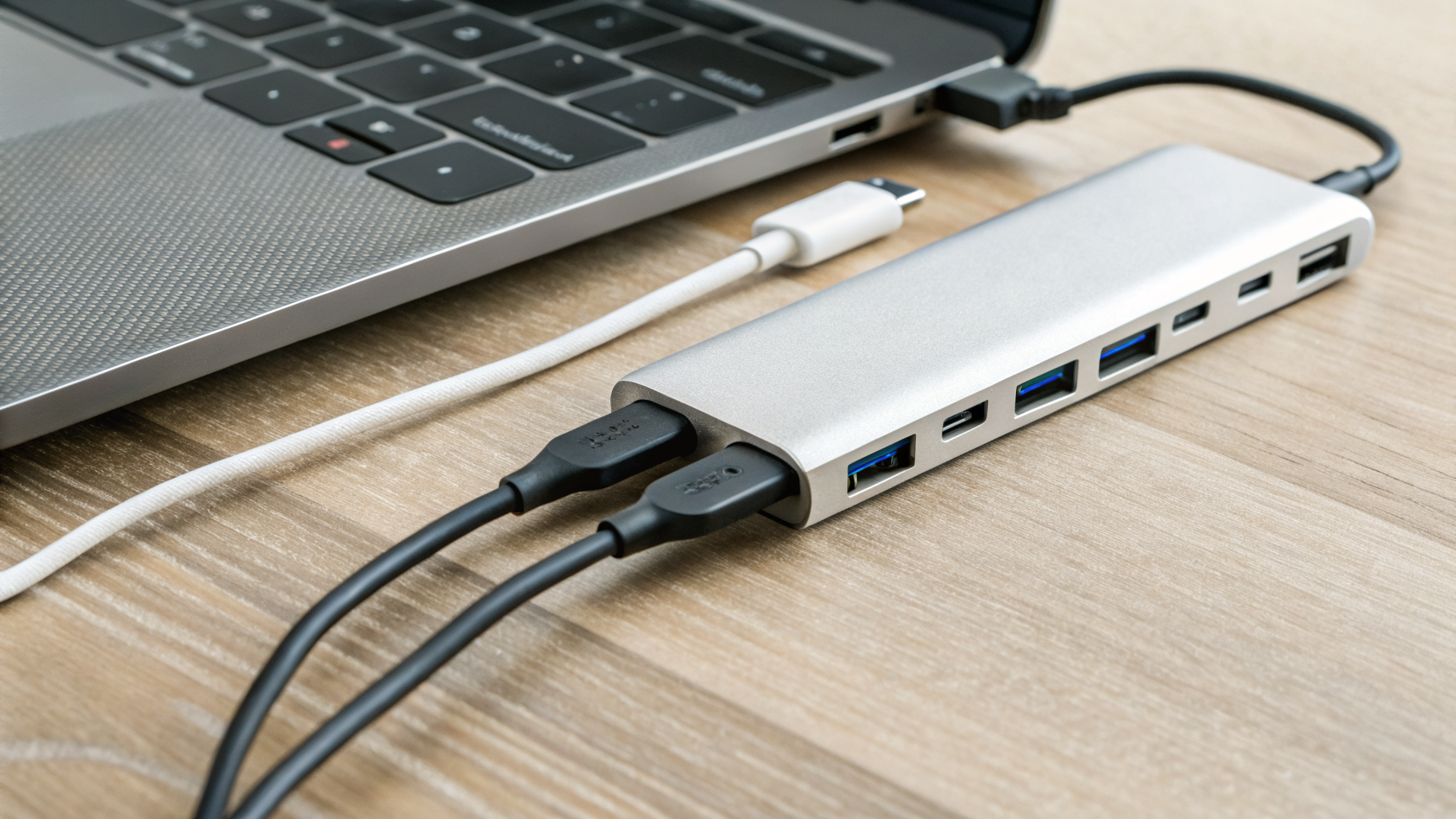 Порты USB-C хаба и кабель питания крупным планом