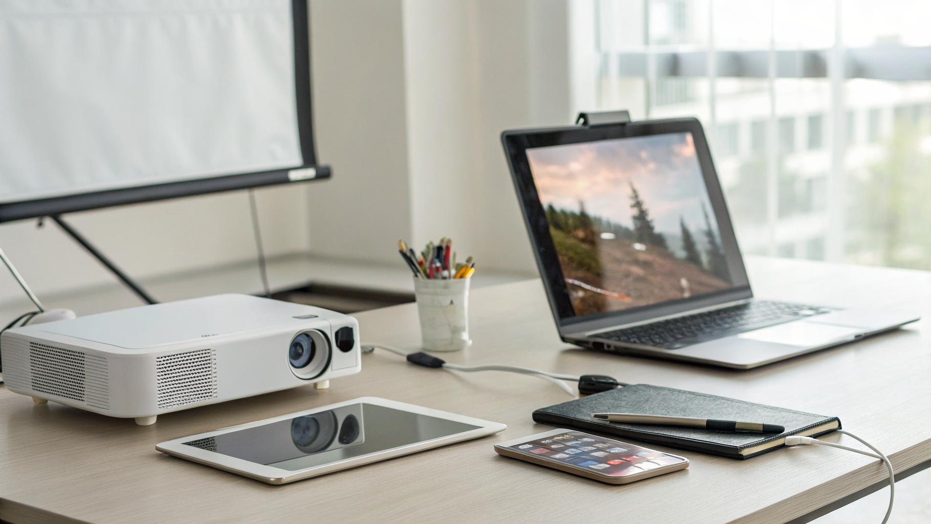 iPad, iPhone и MacBook рядом с проектором и кабелями для подключения