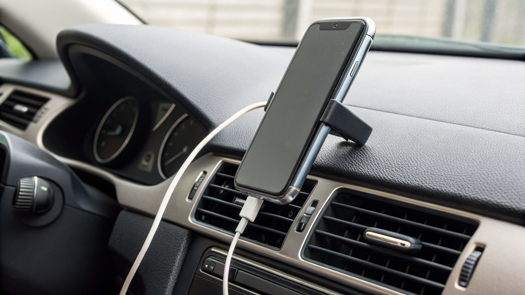 Смартфон в автомобильном держателе с подключённой зарядкой