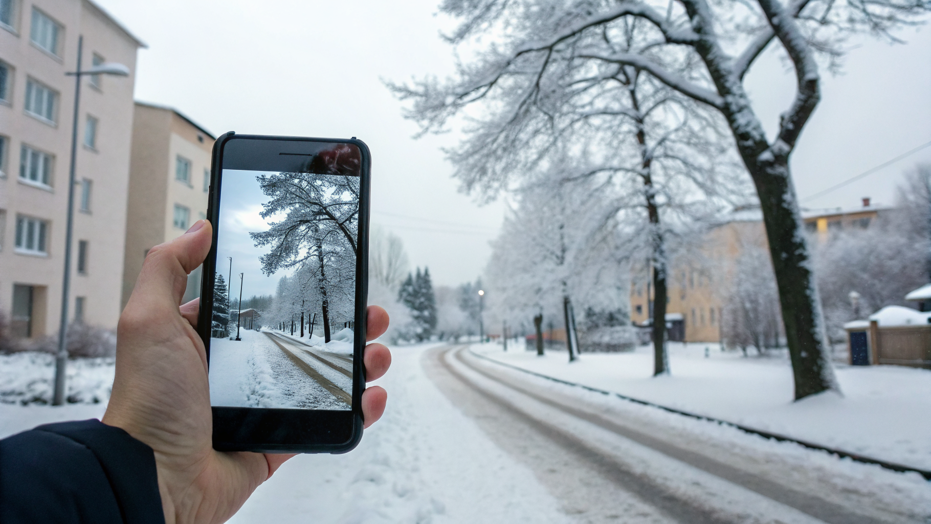 Смартфон с ярким экраном на улице зимой