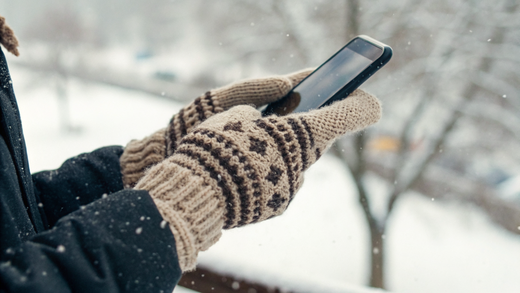 Смартфон в руке в перчатке на зимней улице