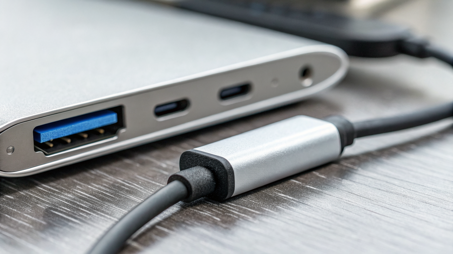 Крупный план USB-C-порта смартфона и кабеля для AR-очков