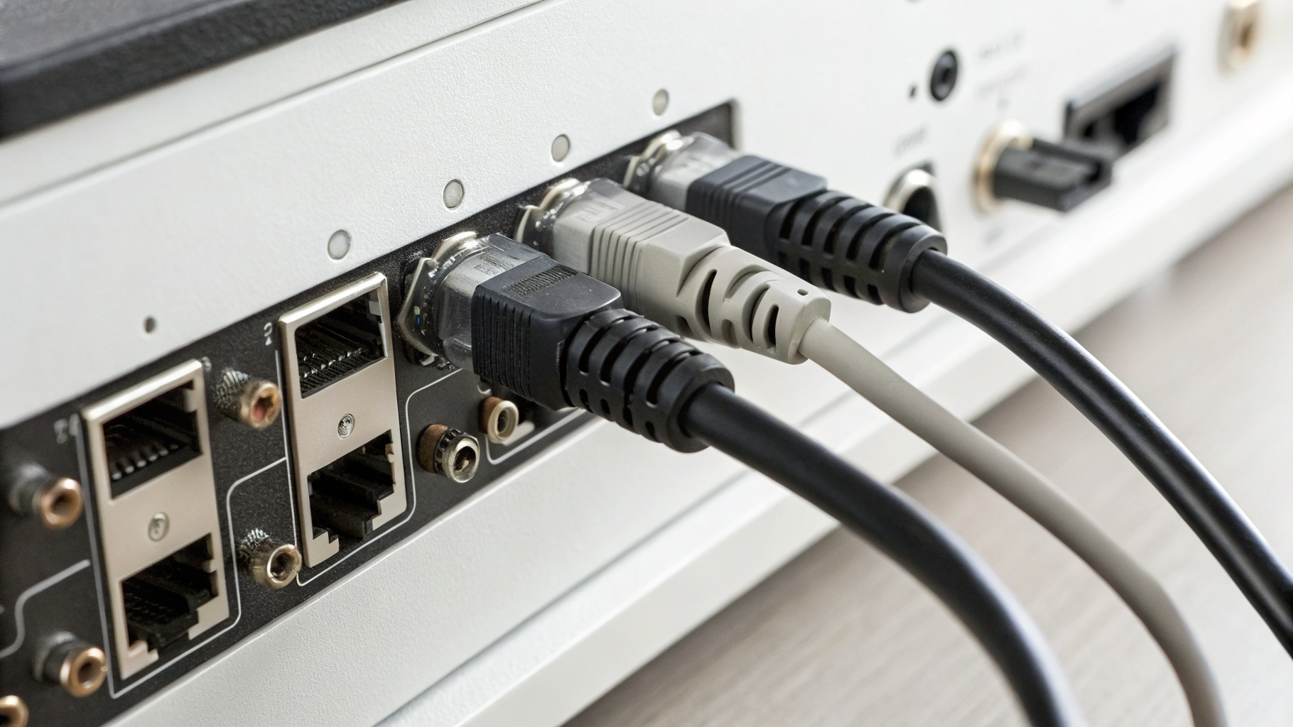 Разъёмы USB-акустики и подписи на кабелях крупным планом