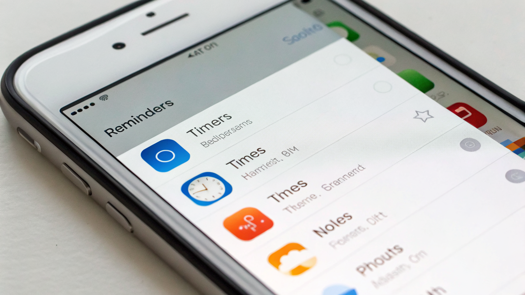 Экран iPhone с напоминаниями, таймерами и заметками