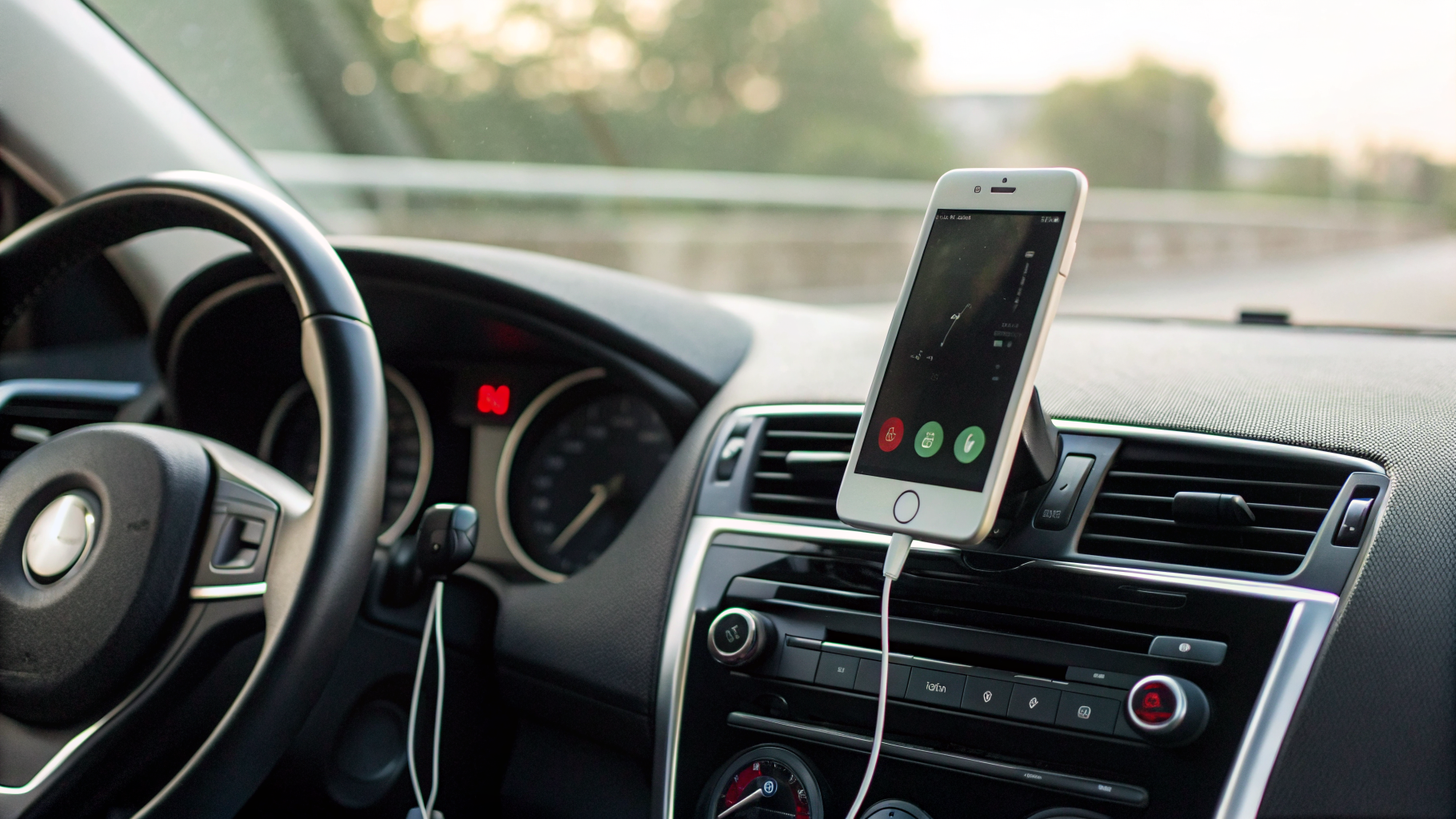 Смартфон, подключенный к мультимедийной системе автомобиля по Bluetooth во время звонка