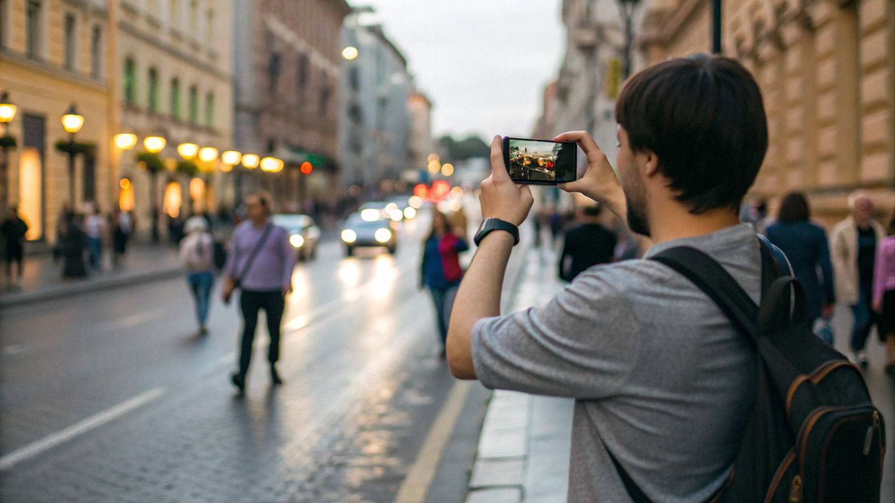 Турист снимает видео на смартфон во время прогулки