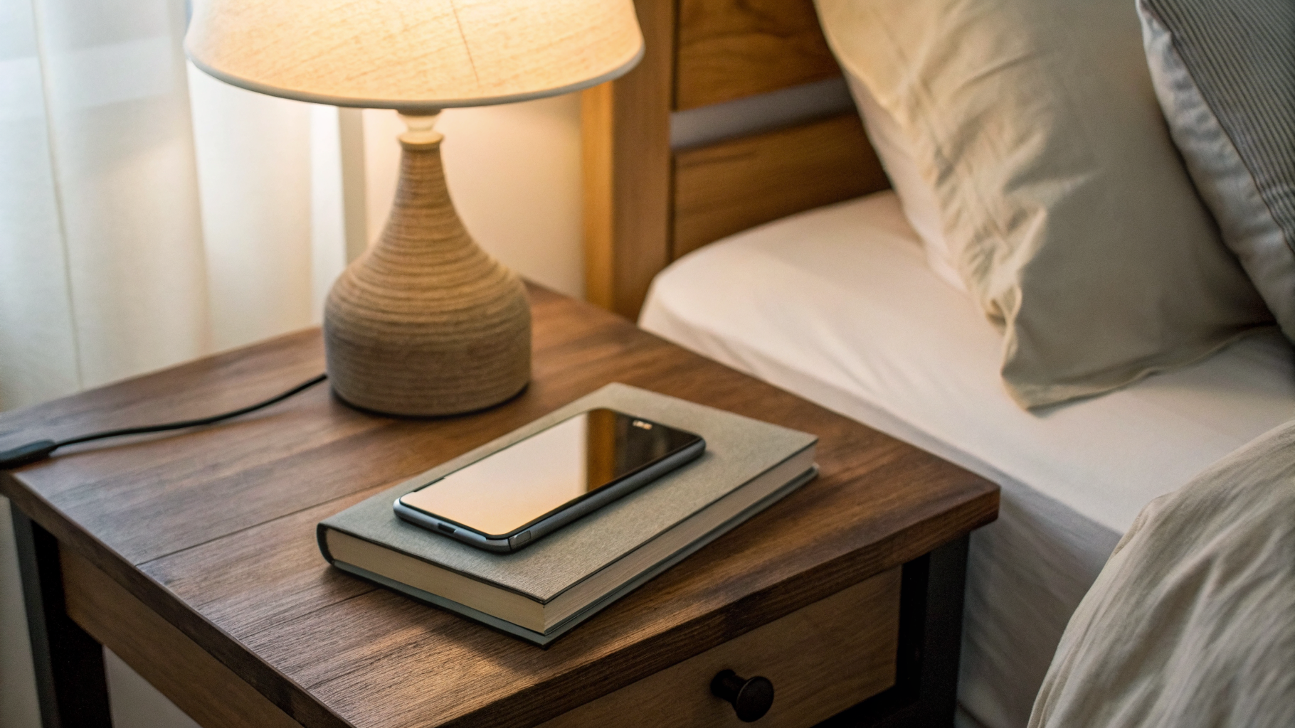 Смартфон в режиме сна рядом с кроватью