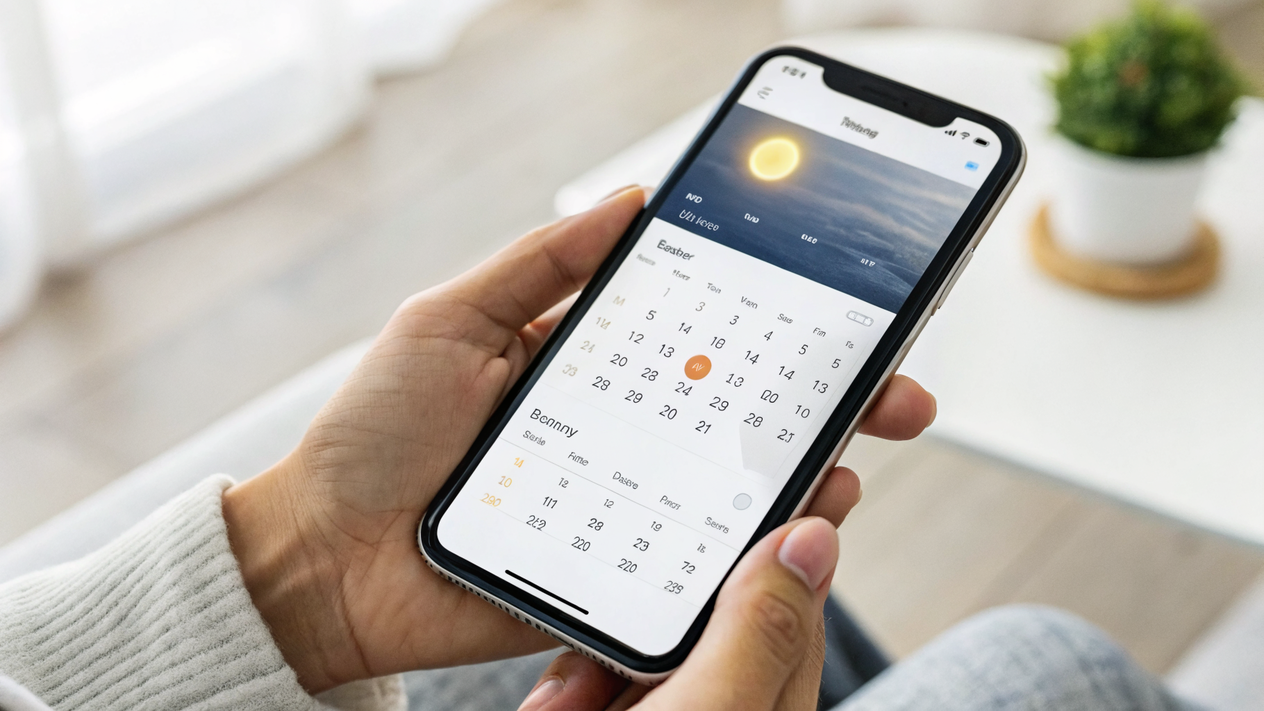 Смартфон утром с календарём, погодой и напоминаниями на экране