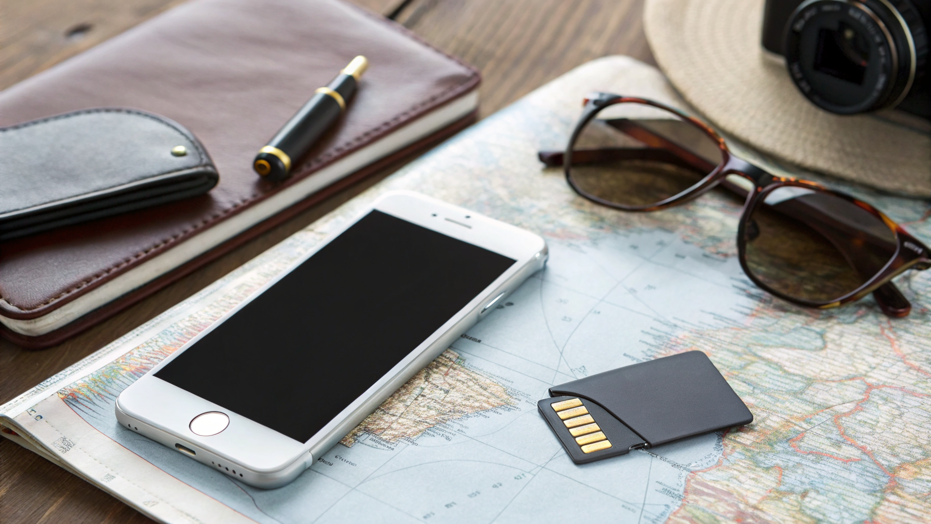 Смартфон и карта памяти на столе с билетами и вещами перед дорогой