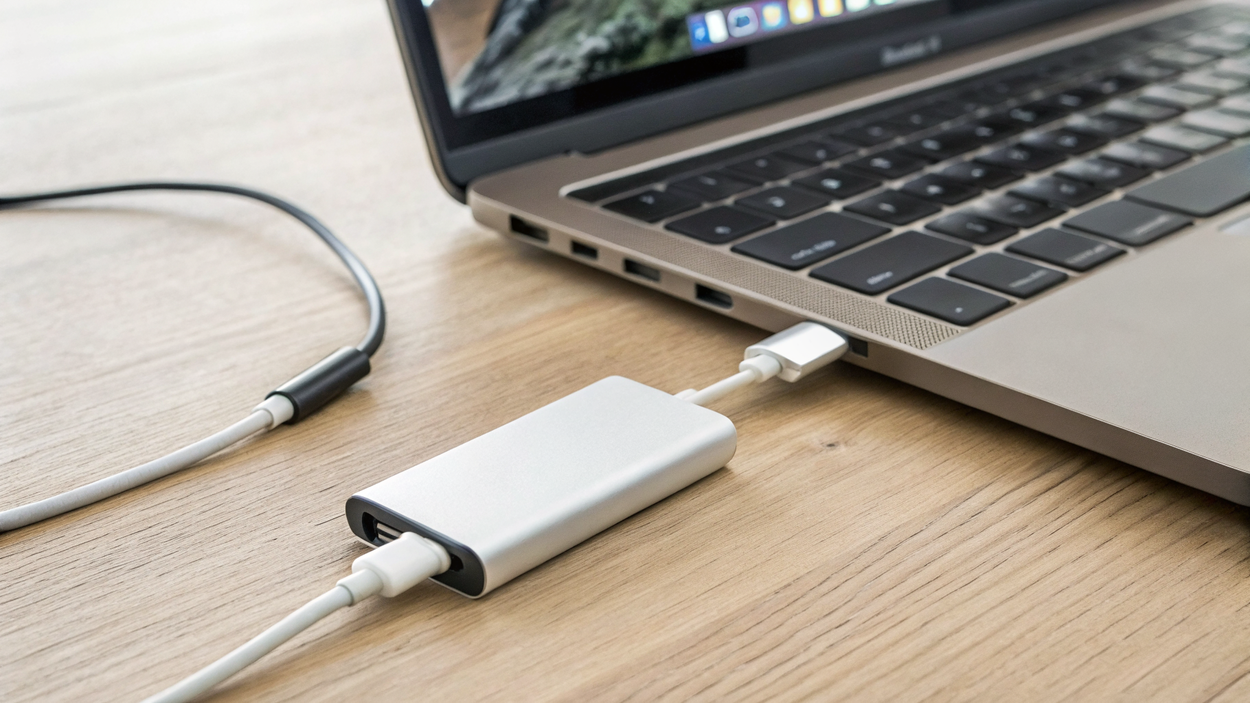 Кабель USB-C и карта памяти рядом с ноутбуком для переноса фотографий