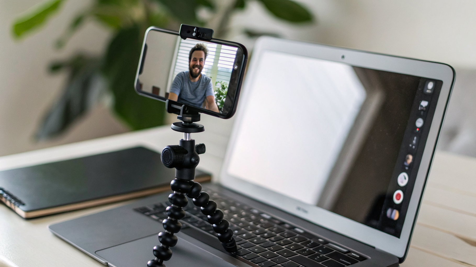 Смартфон на креплении над экраном ноутбука для видеозвонков