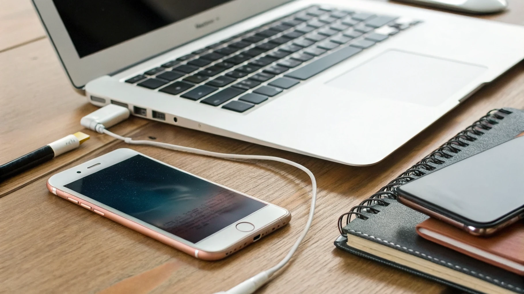 Смартфоны iPhone и Samsung рядом с ноутбуком на рабочем столе
