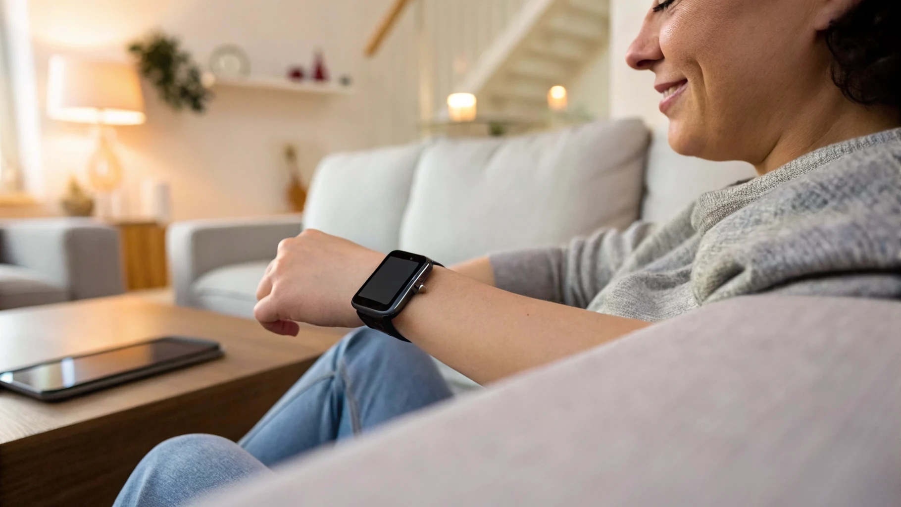 Человек пользуется Apple Watch дома, пока iPhone лежит в стороне