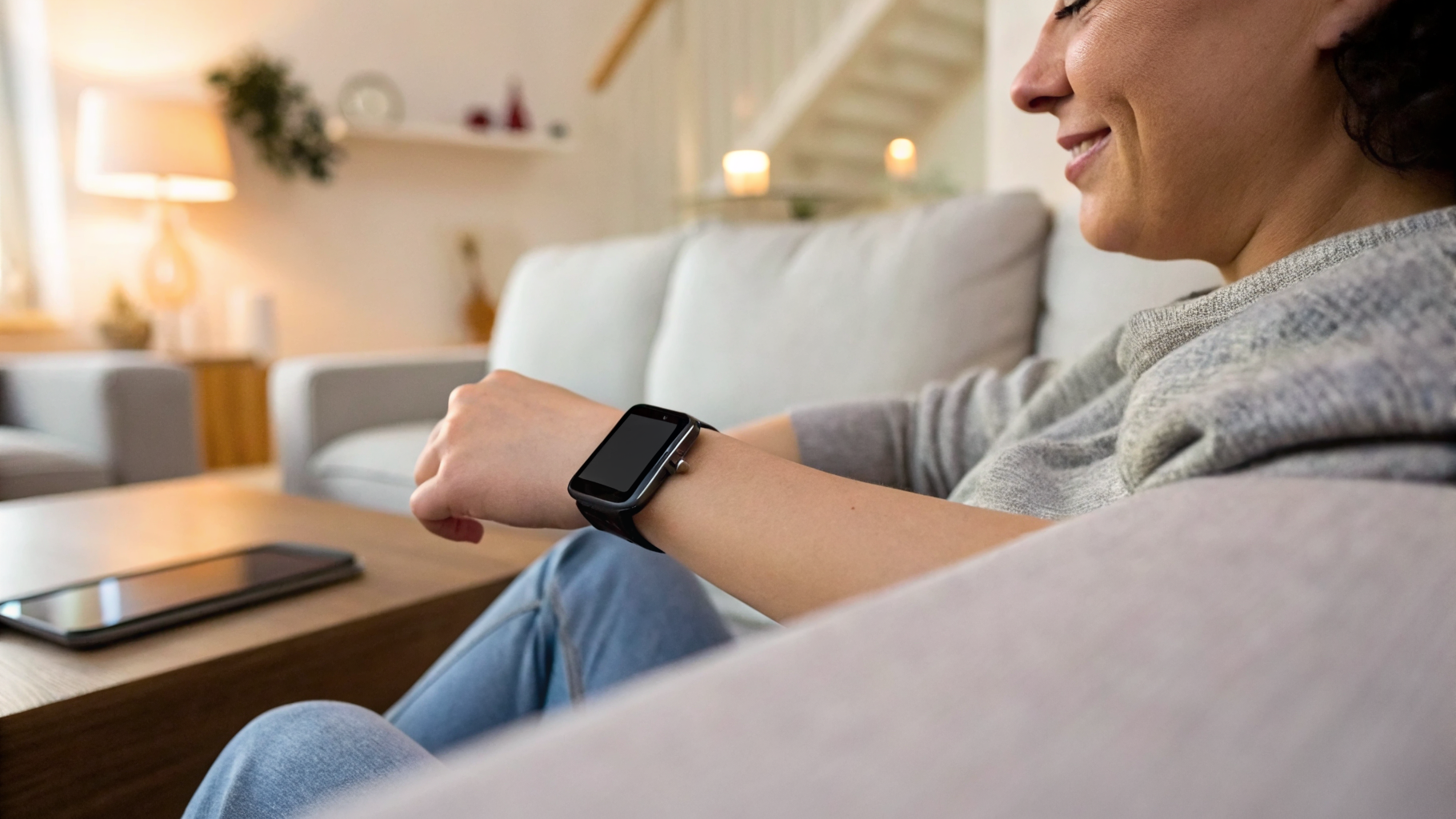 Человек пользуется Apple Watch дома, пока iPhone лежит в стороне