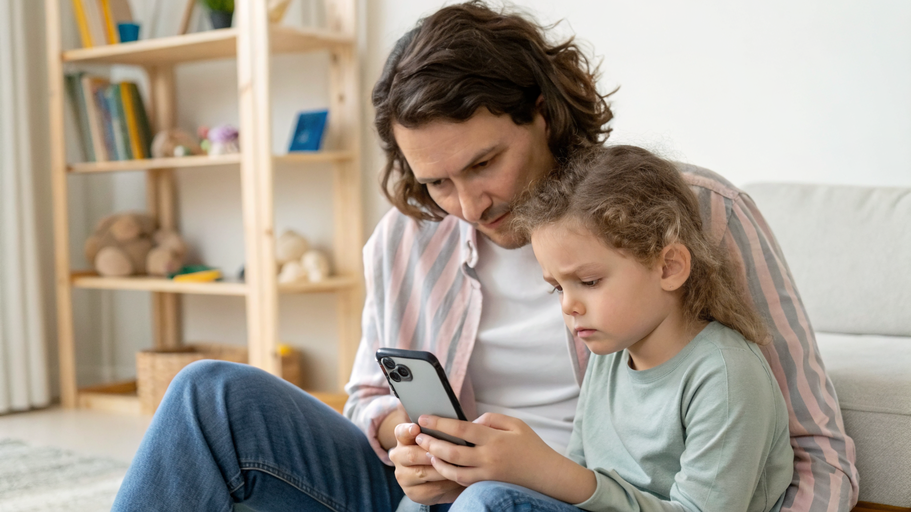 Родитель проверяет геолокацию и ограничения приложений на детском смартфоне