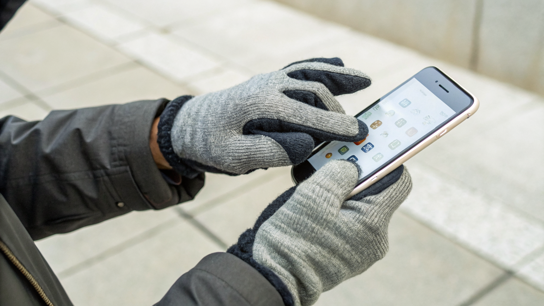 Проверка смартфона в перчатках перед покупкой в магазине