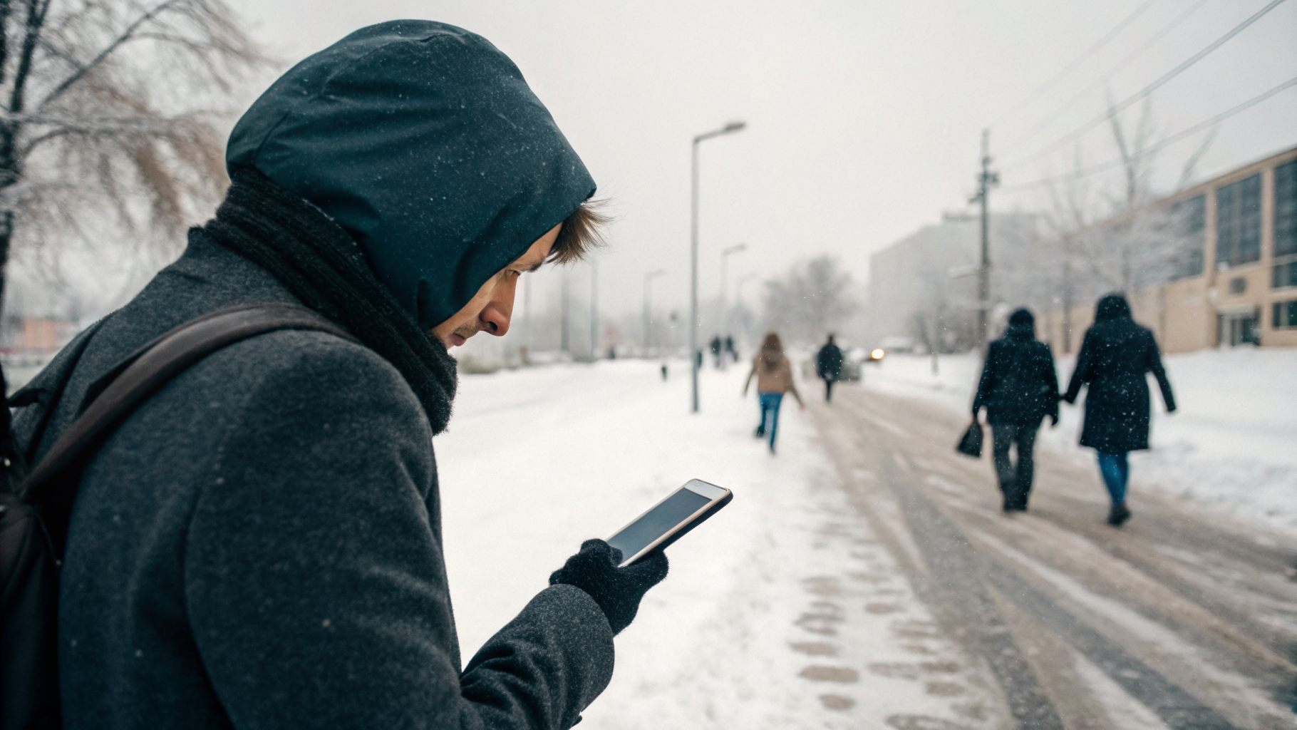 Смартфон в одной руке на улице зимой, оценка удобства экрана и корпуса