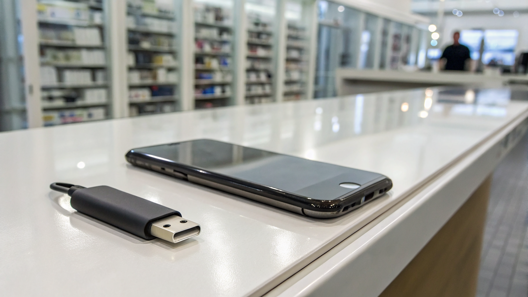 Смартфон и флешка USB-C во время проверки совместимости