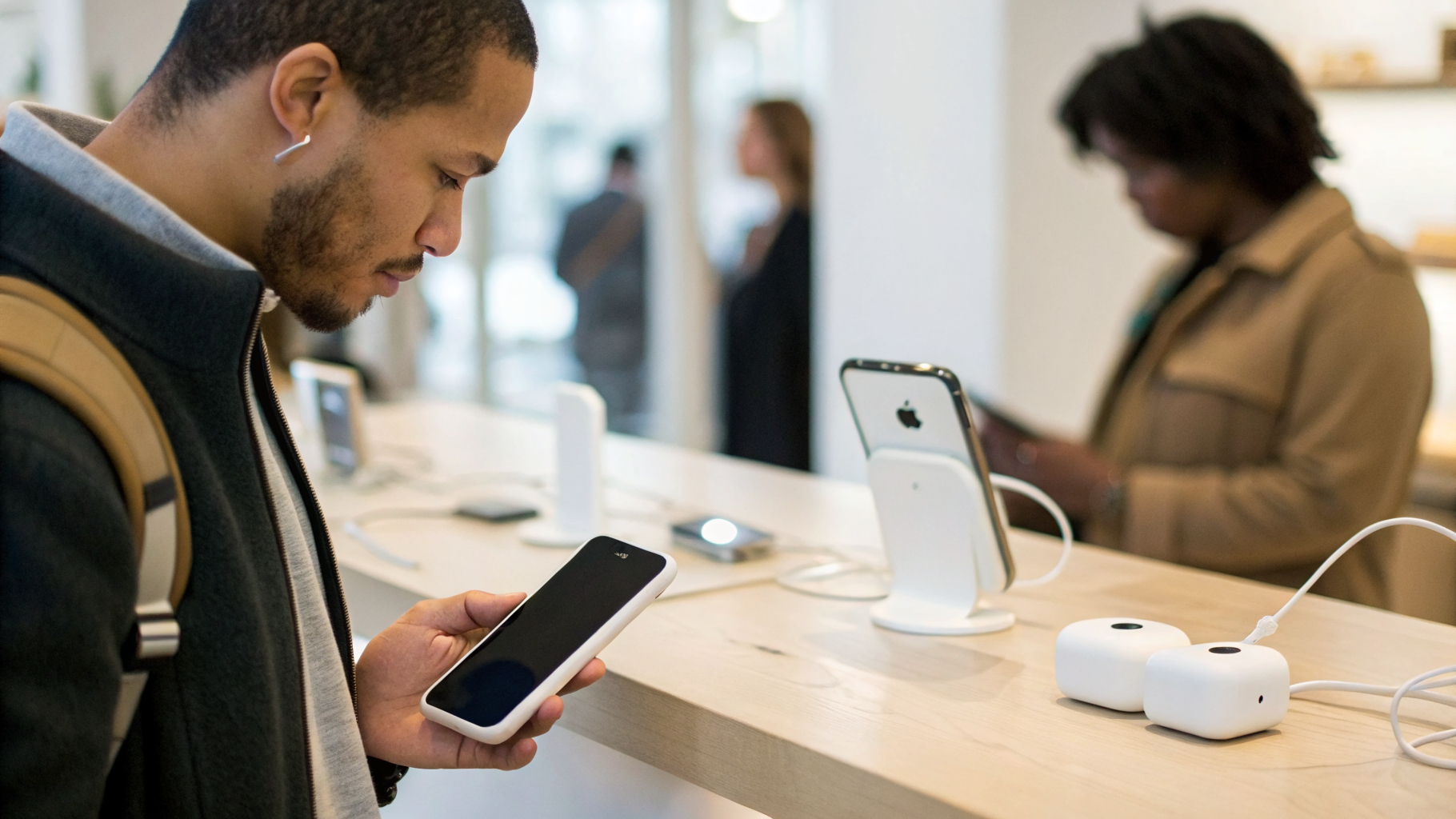 Сравнение iPhone и Samsung Galaxy с беспроводными аксессуарами в магазине