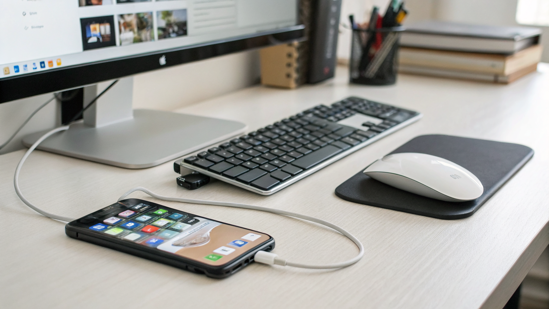 Смартфон, подключённый к клавиатуре, мыши и внешнему экрану