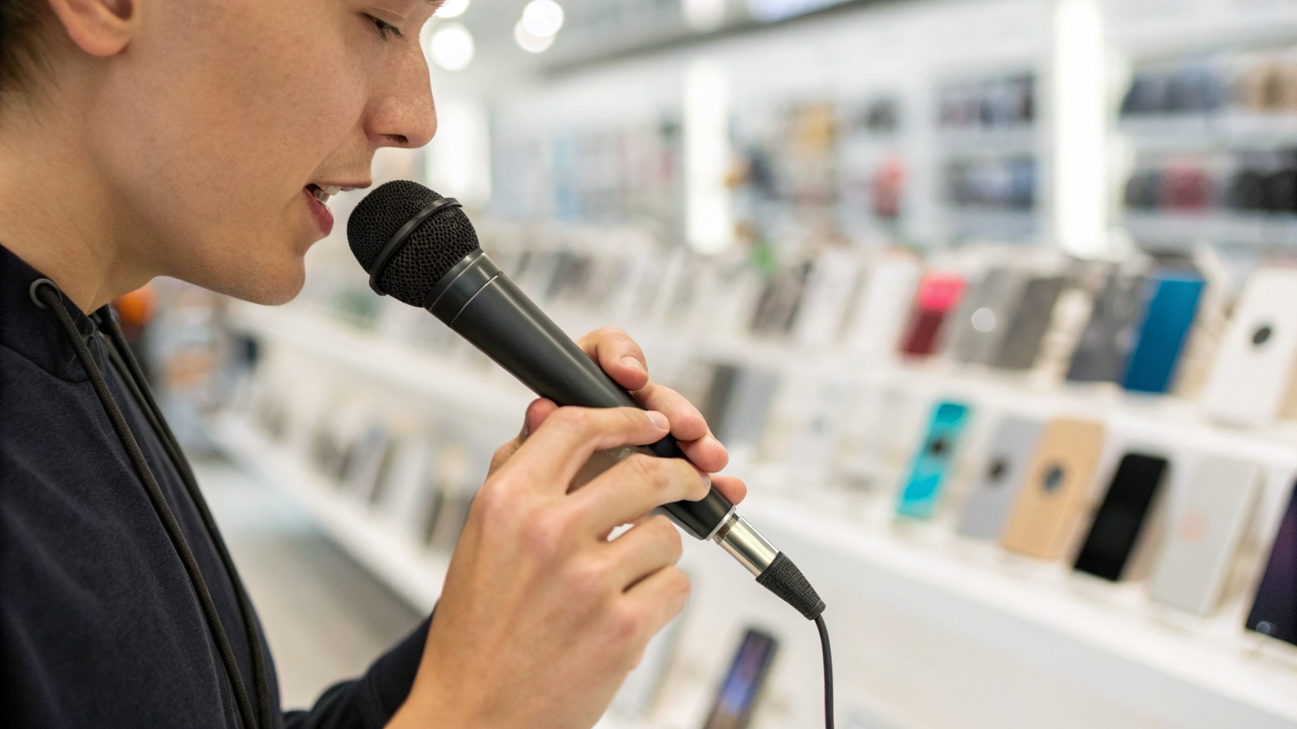 Покупатель проверяет микрофон и диктовку на смартфоне перед покупкой