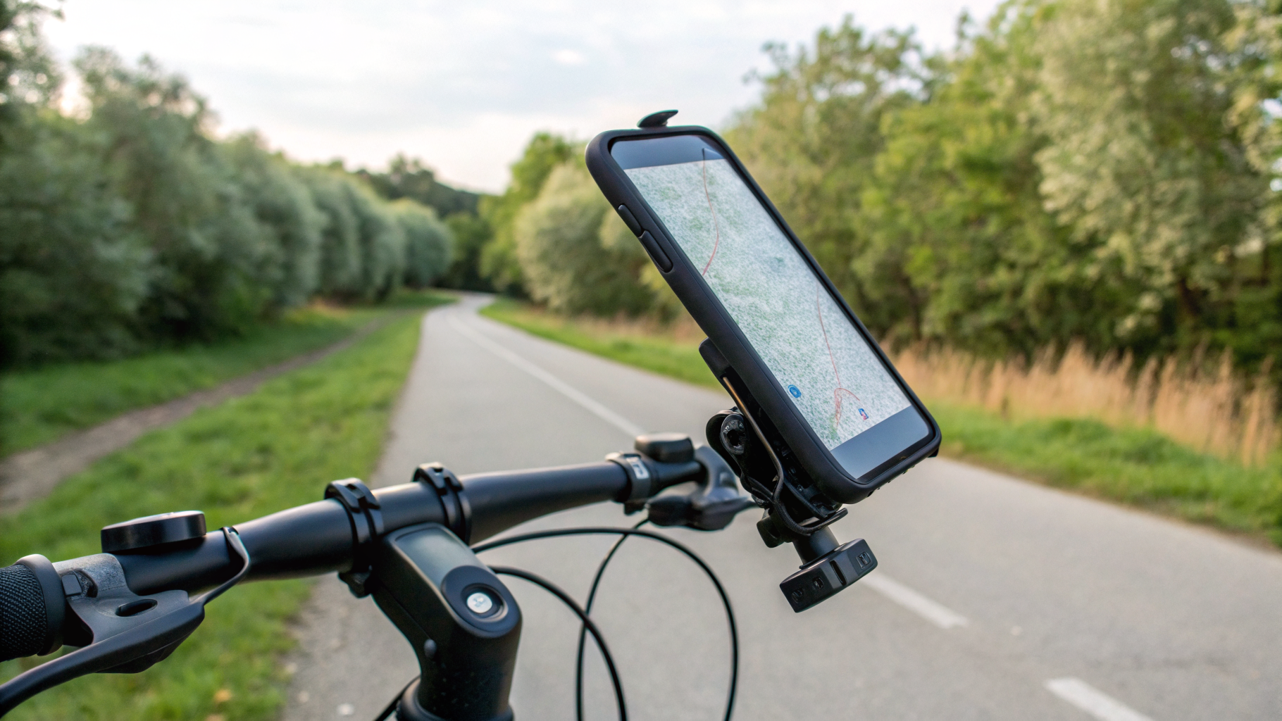 Смартфон с картой на руле велосипеда