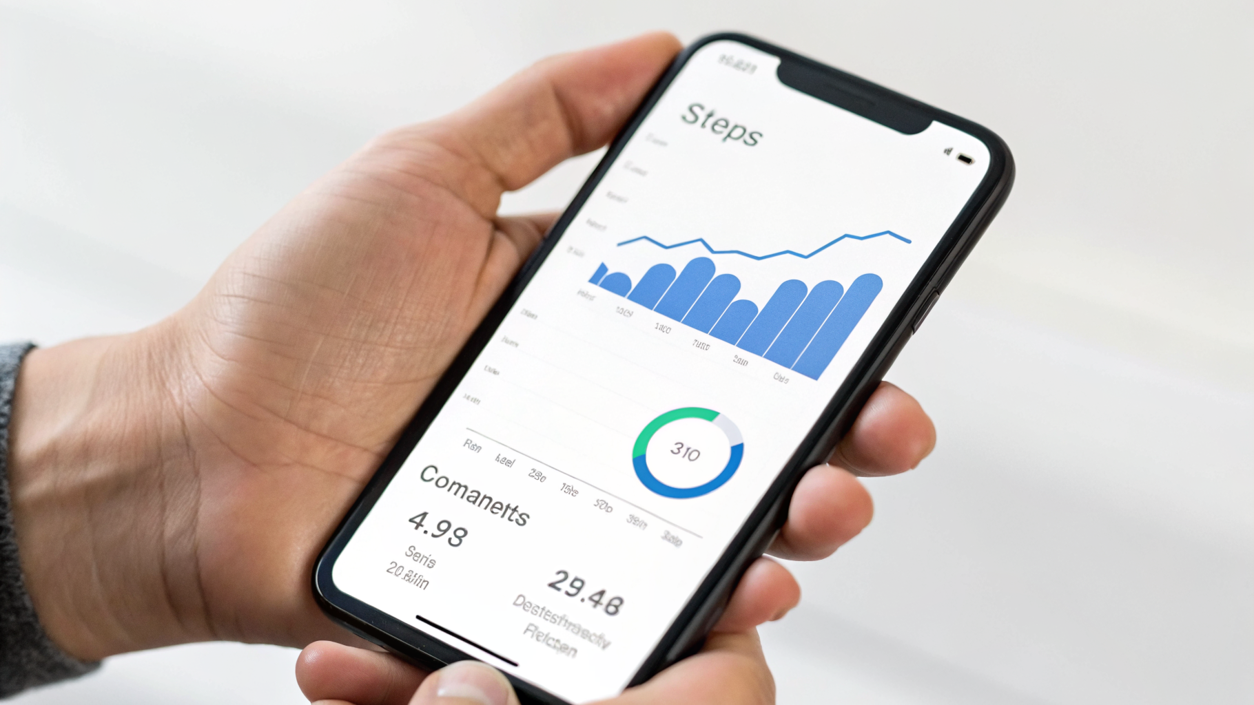 Экран смартфона с шагами, прогулками и статистикой активности