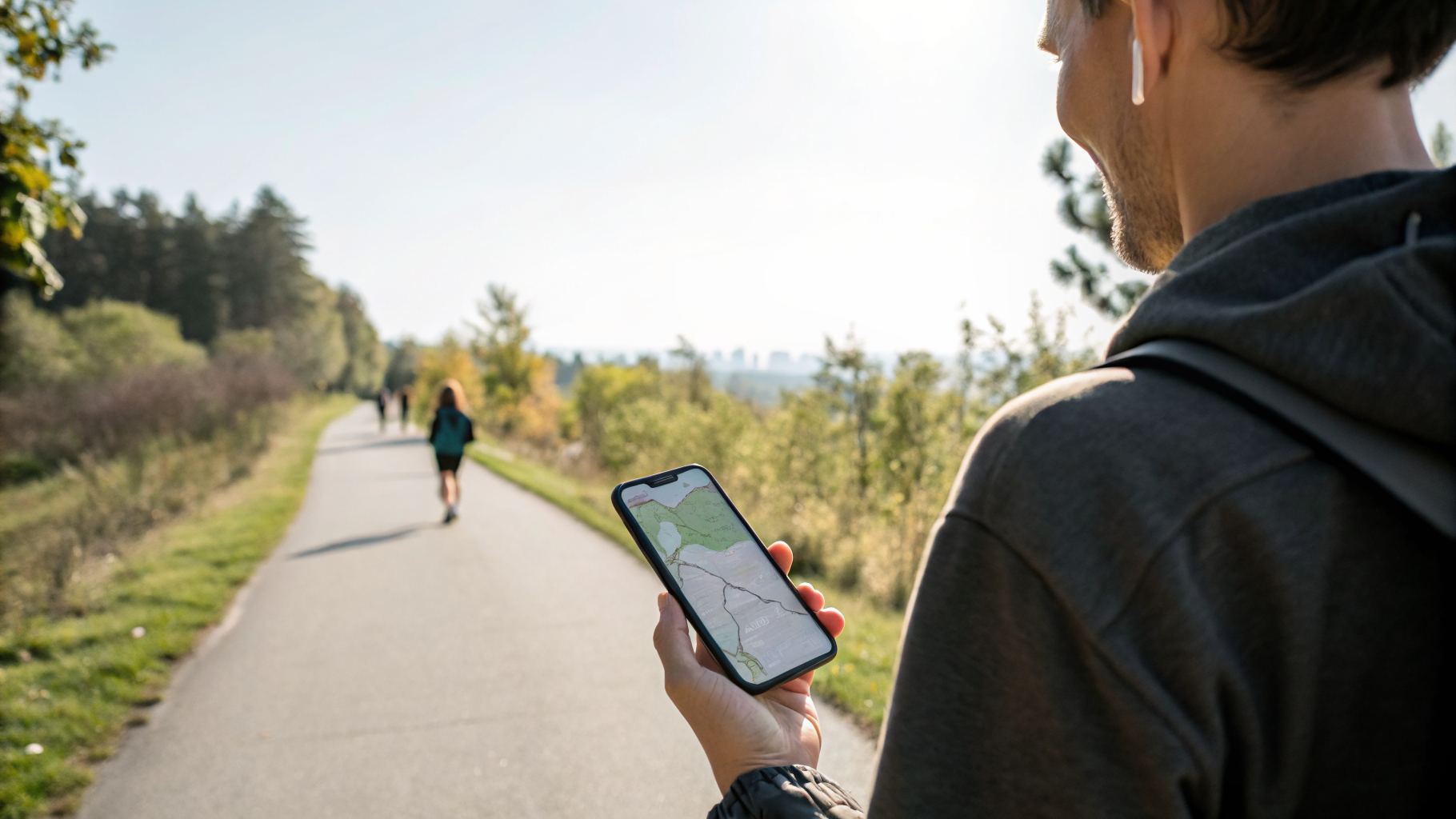 Смартфон в руке во время прогулки с открытой картой маршрута