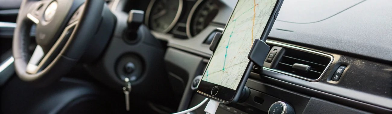 Phone holder and dash camera setup inside a vehicle dashboard area